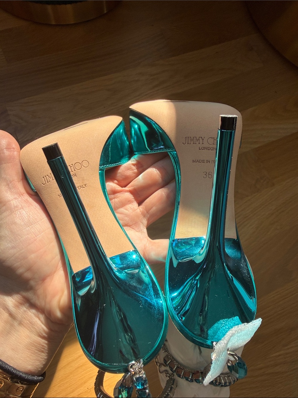 Jimmy Choo Saeda 100 Metallic Teal Pointed Toe Heels with Crystal Anklet - Picture 15 of 16